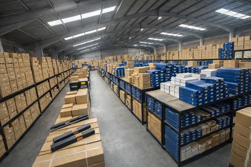 Warehouse overview with shelving and boxed parts
